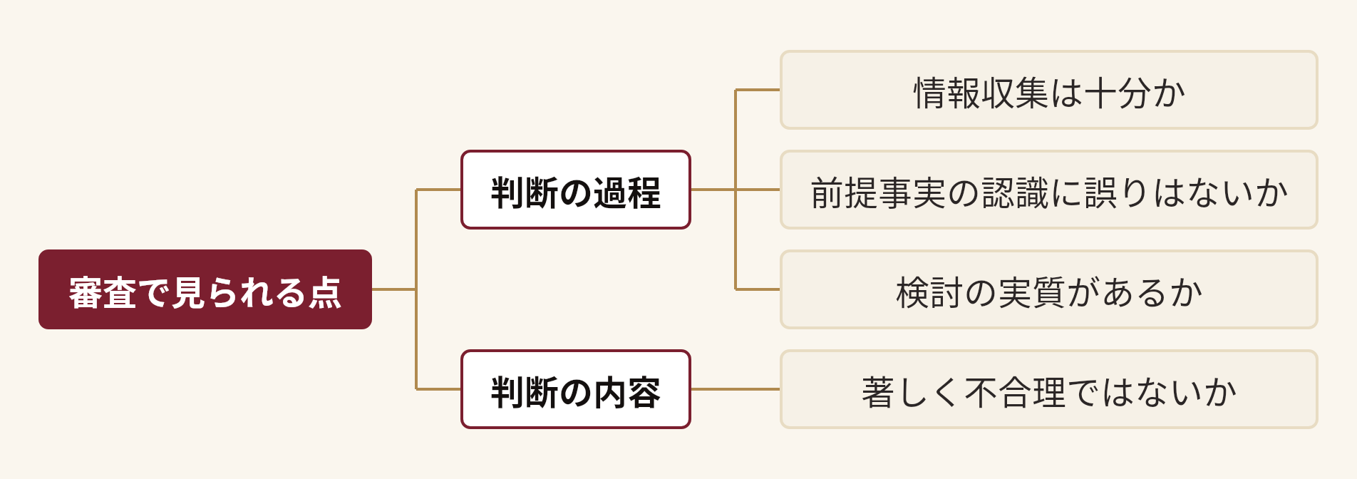 審査で見られる点を分解した図。審査で見られる点(判断の過程(情報収集は十分か、前提事実の認識に誤りはないか、検討の実質があるか)、判断の内容(著しく不合理ではないか))